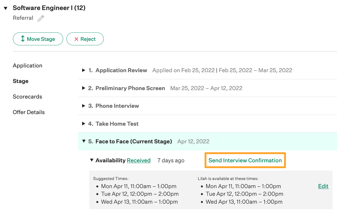 An example candidate is shown with a scheduled interview and the Send Interview Confirmation button highlighted in marigold on their candidate profile