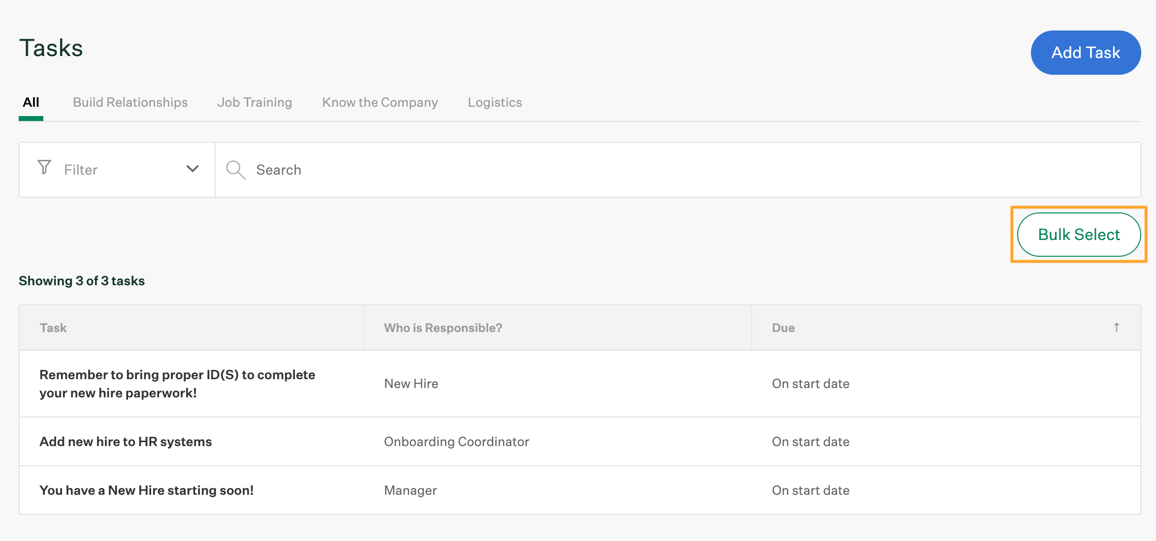 Tasks page in Greenhouse Onboarding Settings with Bulk Select button highlighted