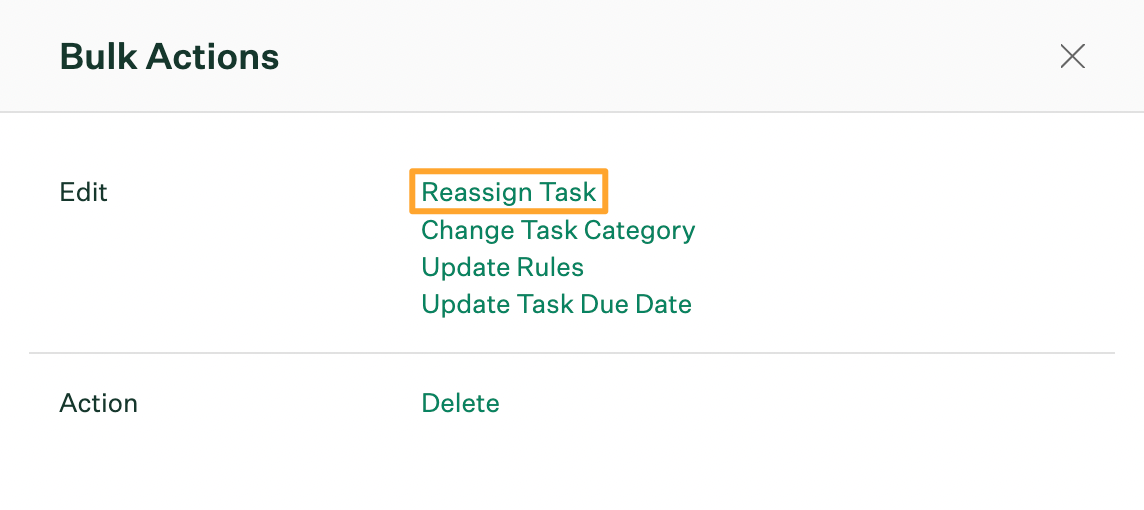 Bulk actions window with Reassign Task option highlighted