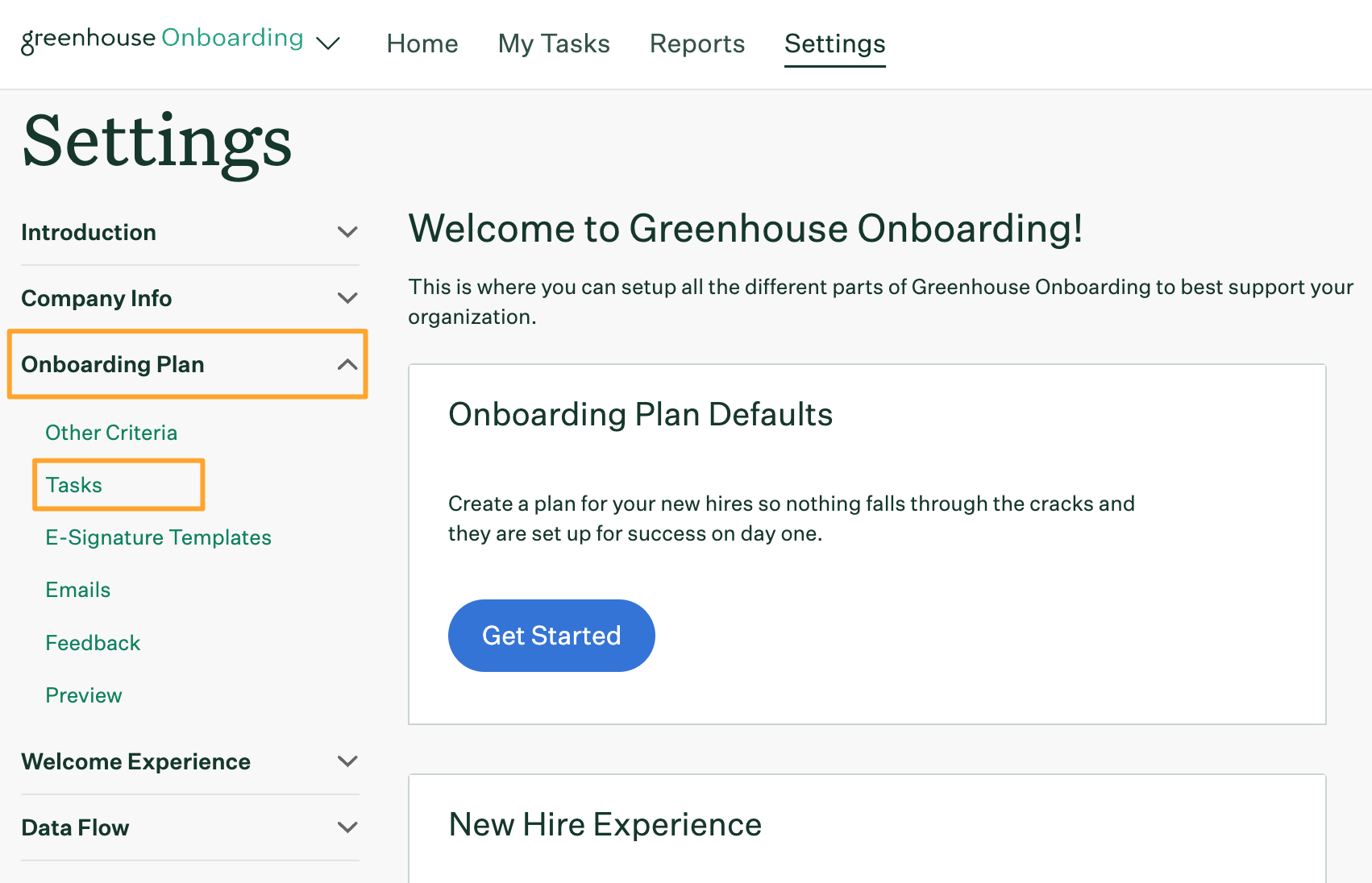Greenhouse Onboarding Settings page with Onboarding Plan and Tasks tabs highlighted