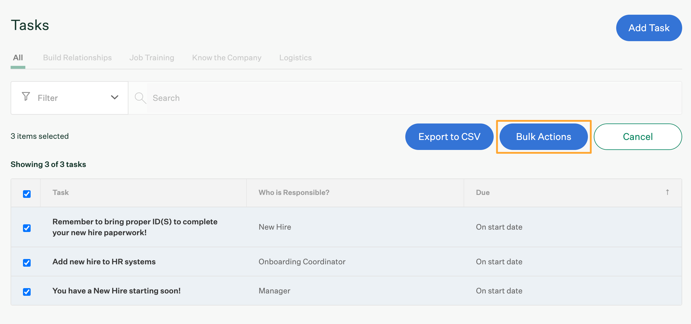Tasks in Greenhouse Onboarding Settings with tasks selected and Bulk Actions button highlighted