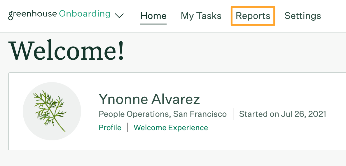 Greenhouse Onboarding homepage with Reports tab highlighted