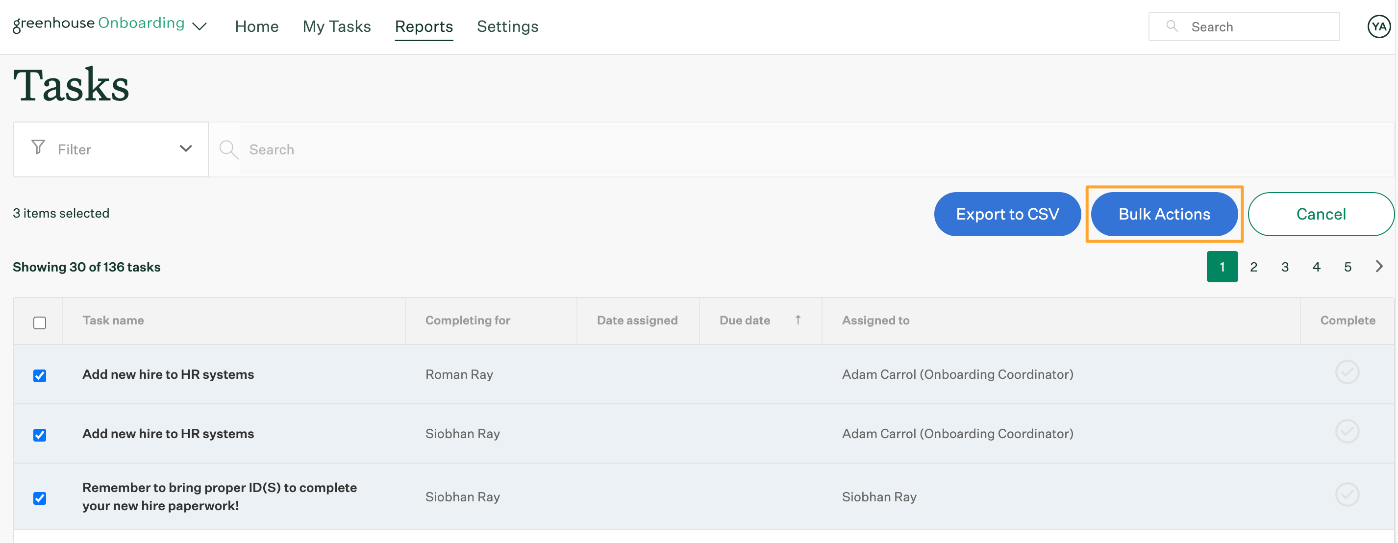 Tasks report with tasks selected and Bulk Actions button highlighted