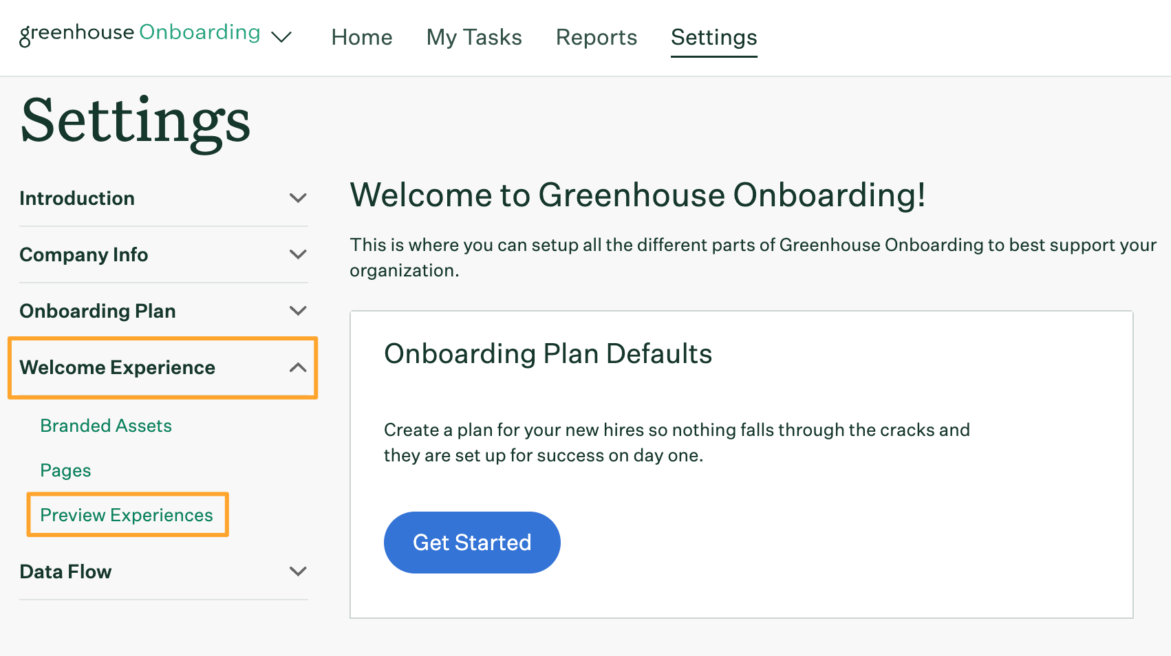 Greenhouse Onboarding Settings page with Welcome Experience and Preview Welcome Experiences tabs highlighted in navigation panel