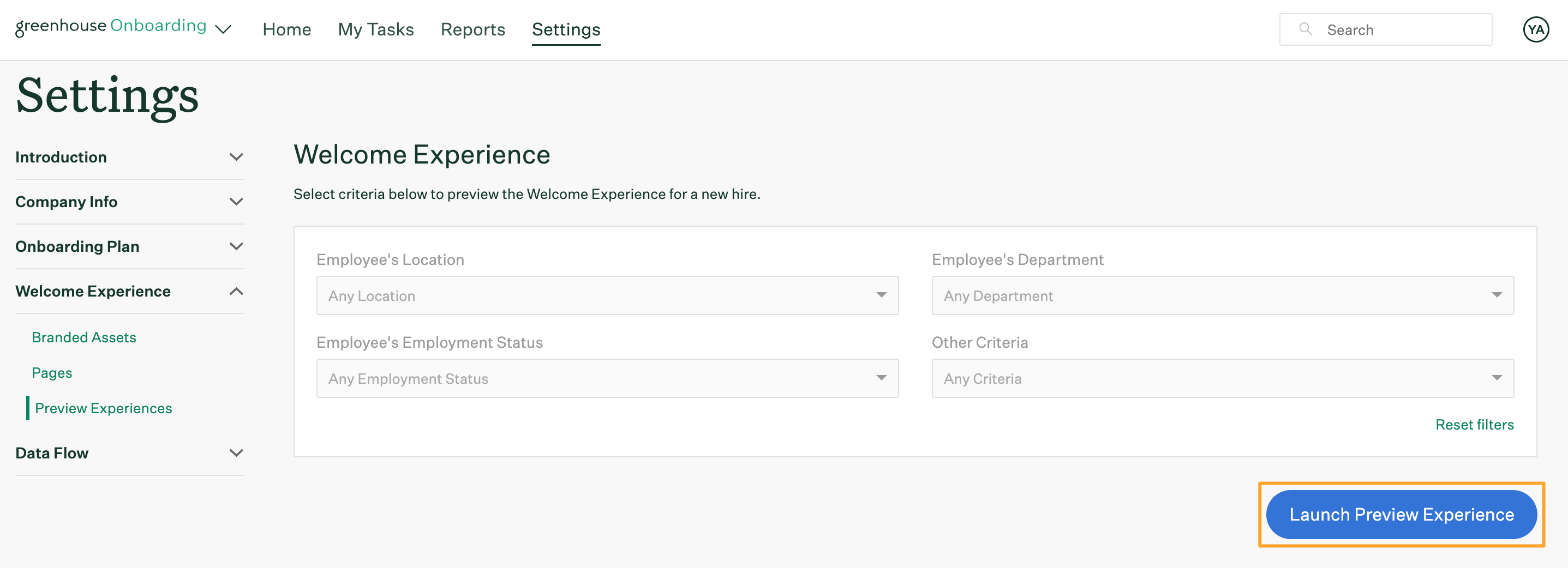 Welcome Experience preview page in Settings with no filters selected and Launch Preview Experience button highlighted