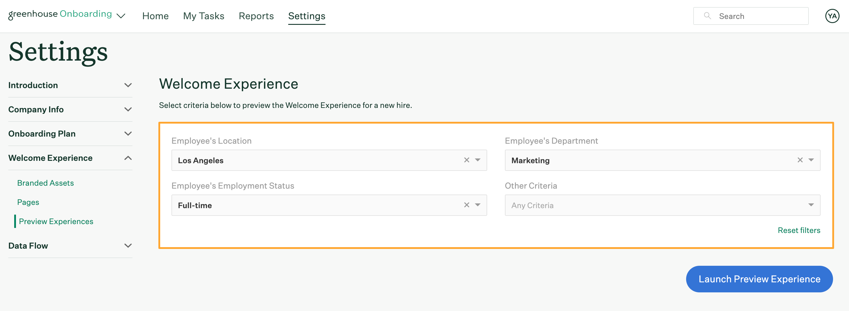 Welcome Experience preview page in Greenhouse Onboarding Settings with filter panel filled out and highlighted