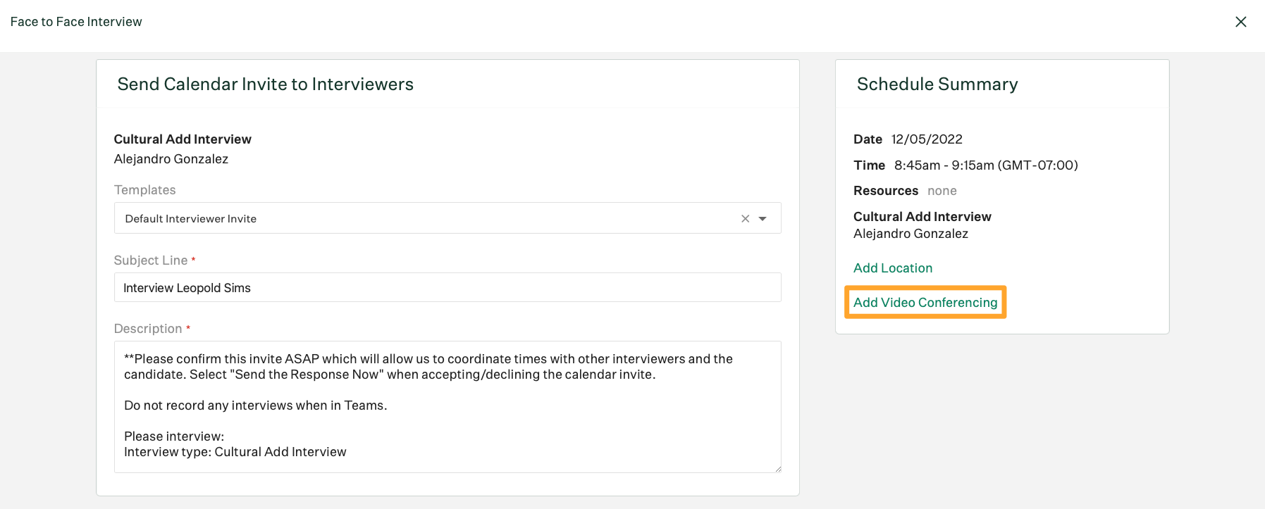 An example scheduling summary is shown with Add Video Conferencing highlighted in marigold on the right side of the page