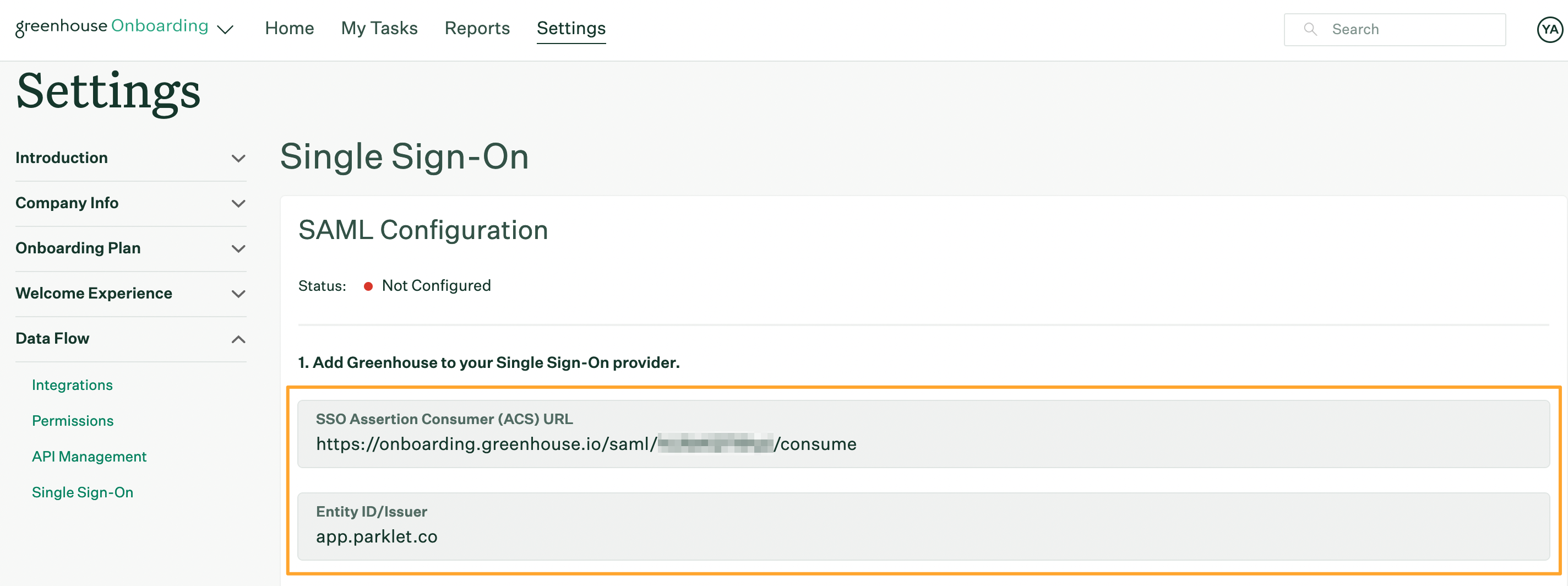 Single Sign On page in Greenhouse Onboarding Settings with Step One credentials highlighted
