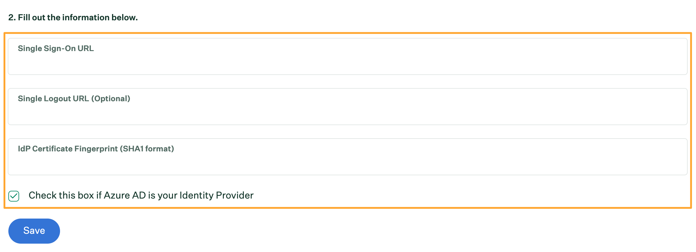 Step Two of Single Sign On configuration in Greenhouse Onboarding Settings with Azure AD checkbox marked