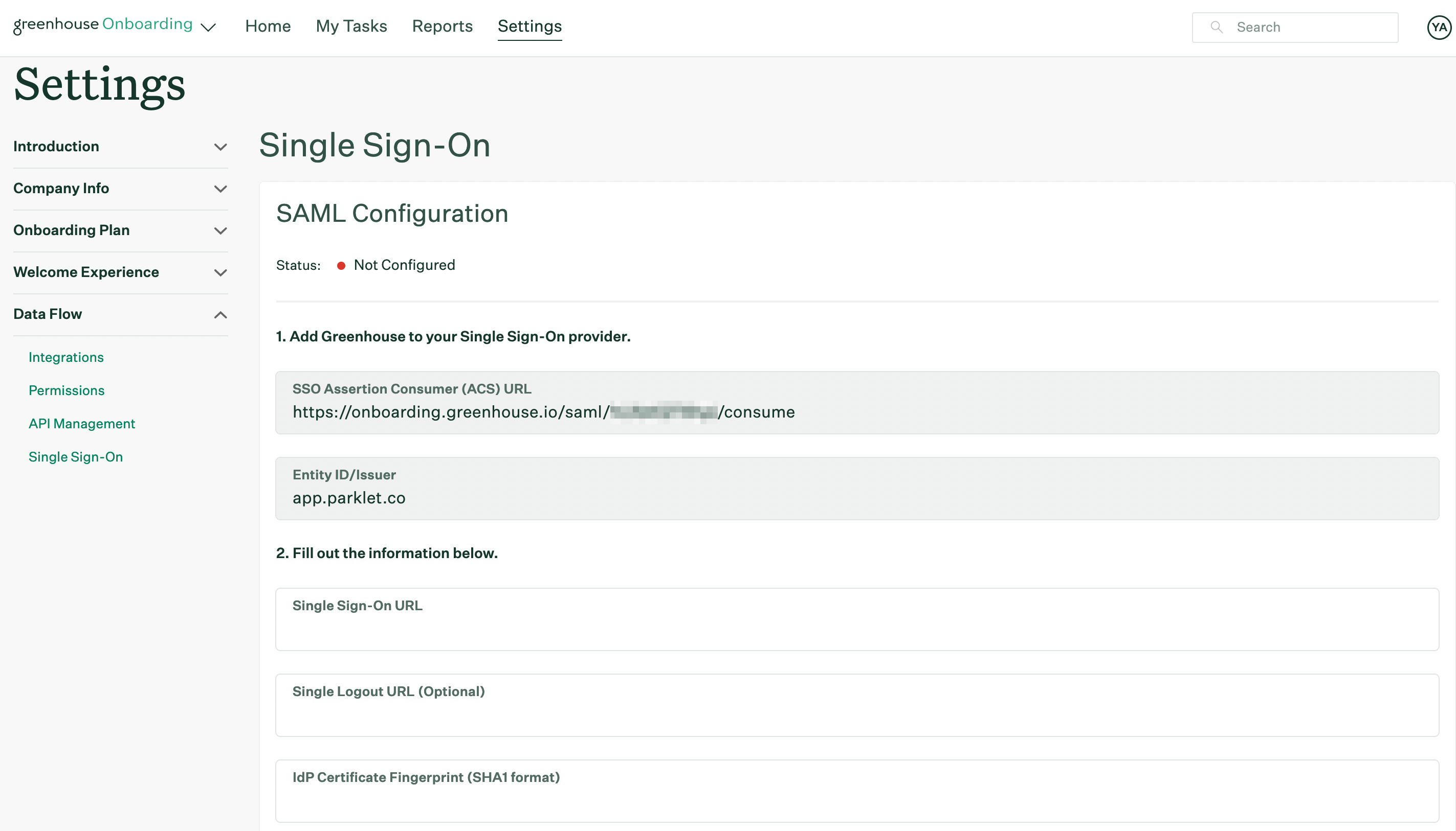 Single Sign On page in Greenhouse Onboarding Settings