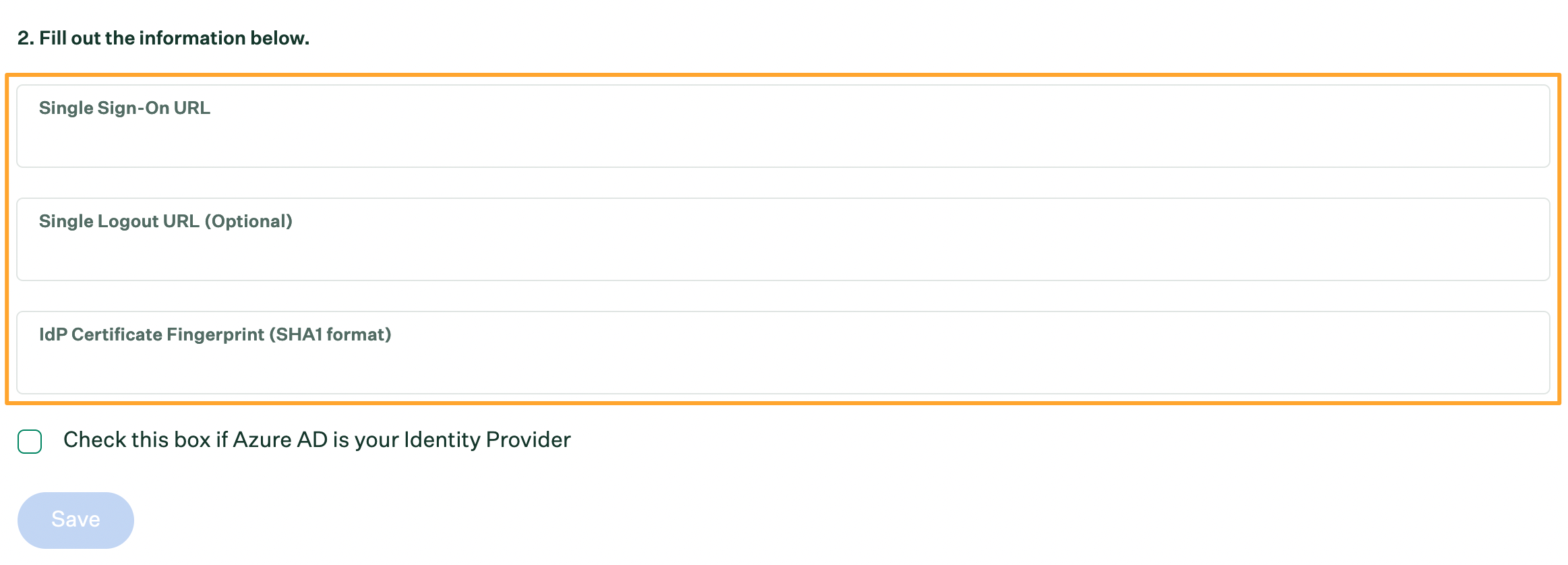Step Two of Single Sign On setup in Greenhouse Onboarding settings with fields highlighted