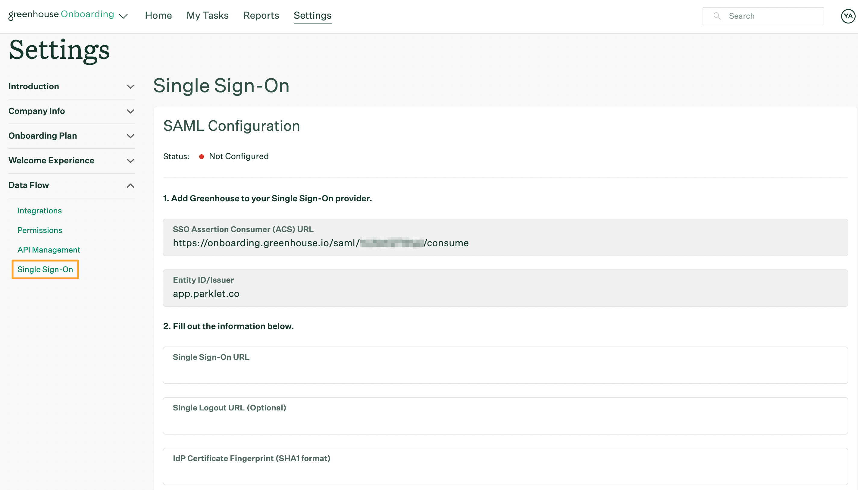 Single Sign On page in Greenhouse Onboarding settings with SSO tab highlighted