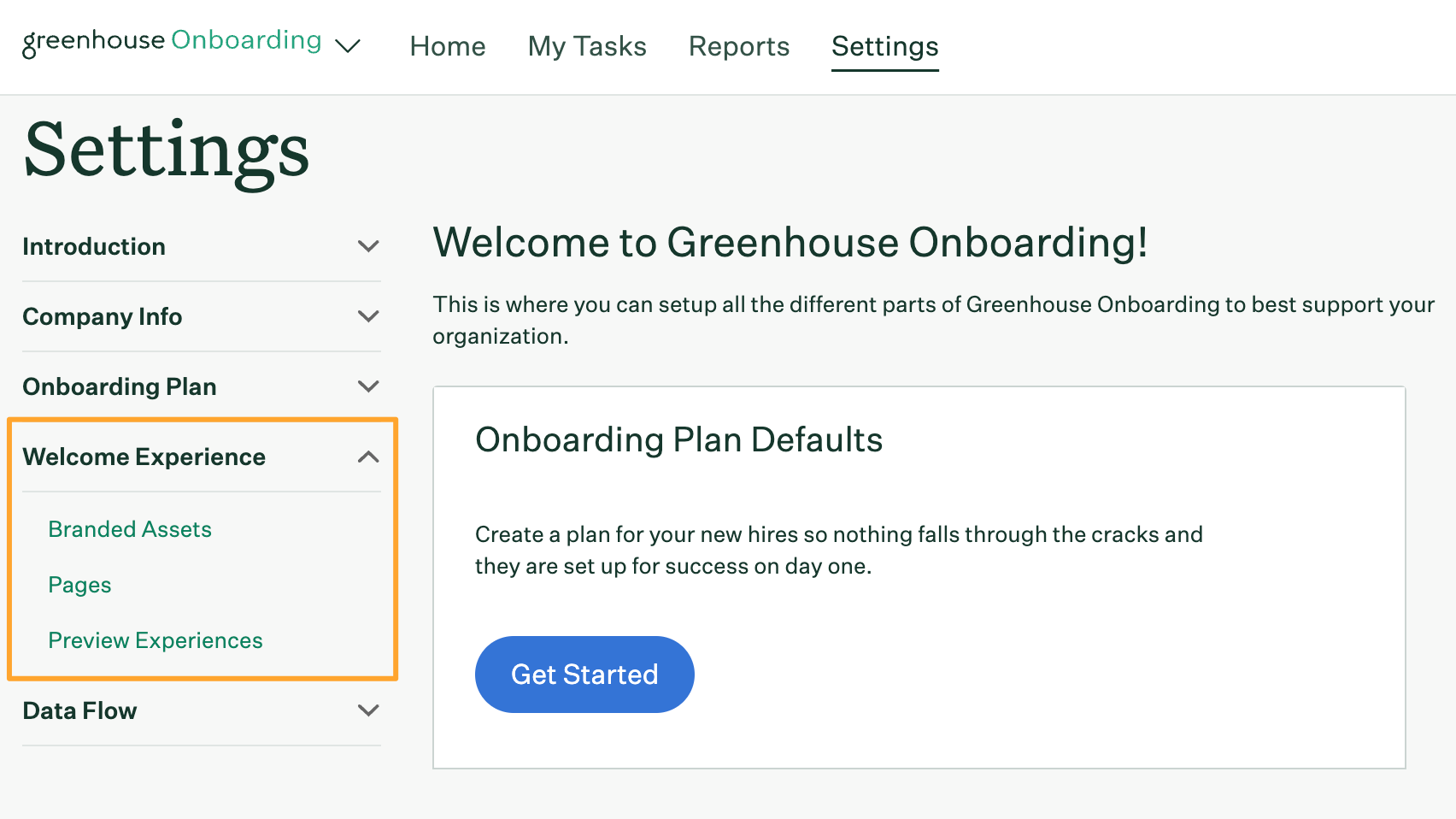 Greenhouse Onboarding Settings page with Welcome experience section and tabs highlighted in left panel