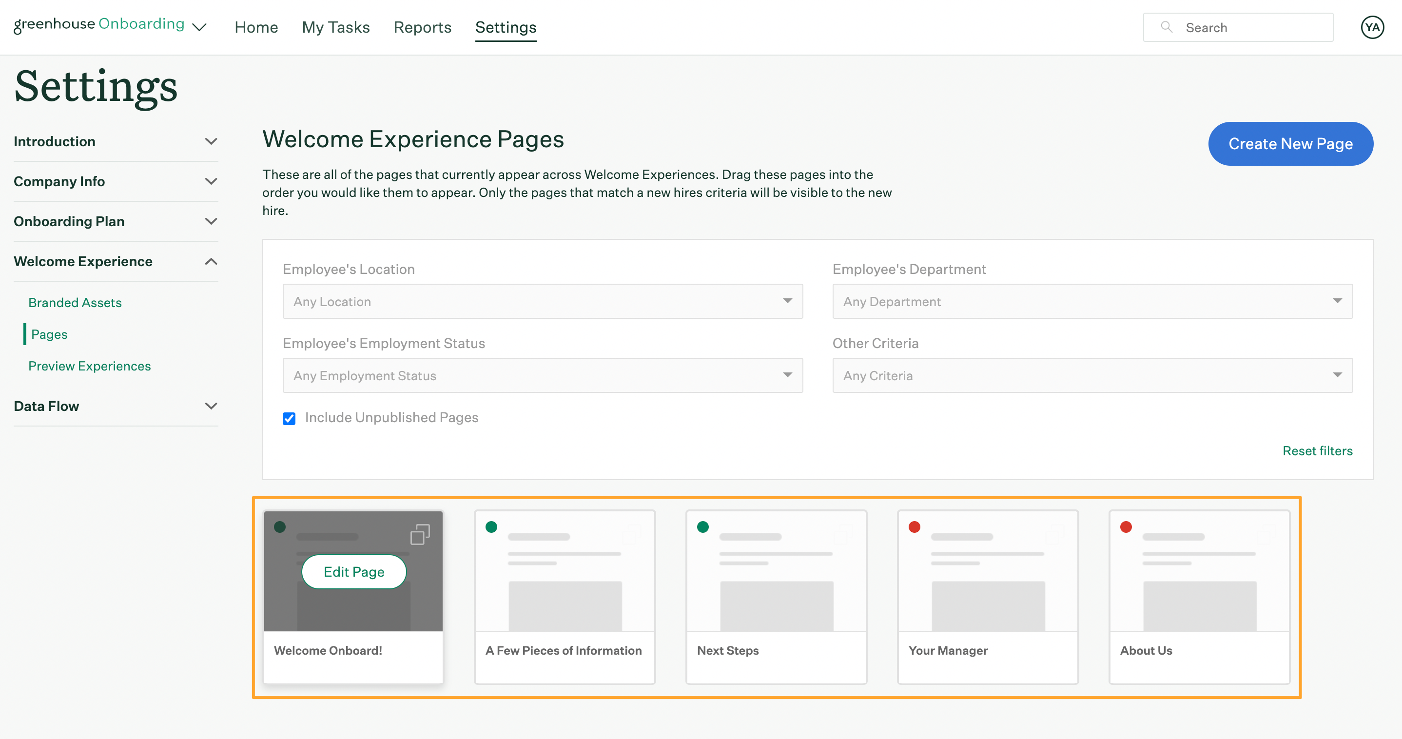 Welcome Experience Pages in Greenhouse Onboarding Settings with page order highlighted