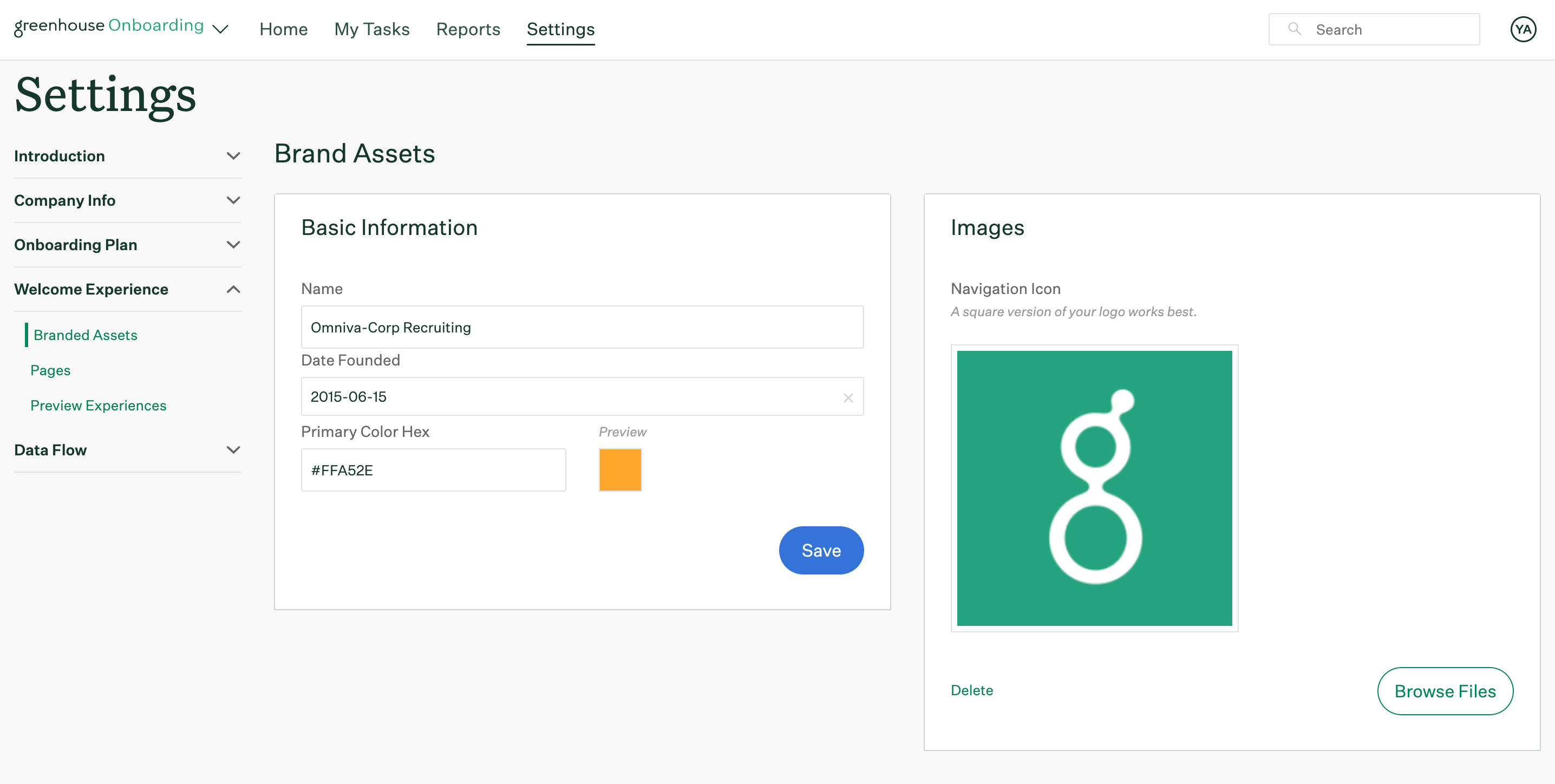 Branded Assets page in Greenhouse Onboarding Settings