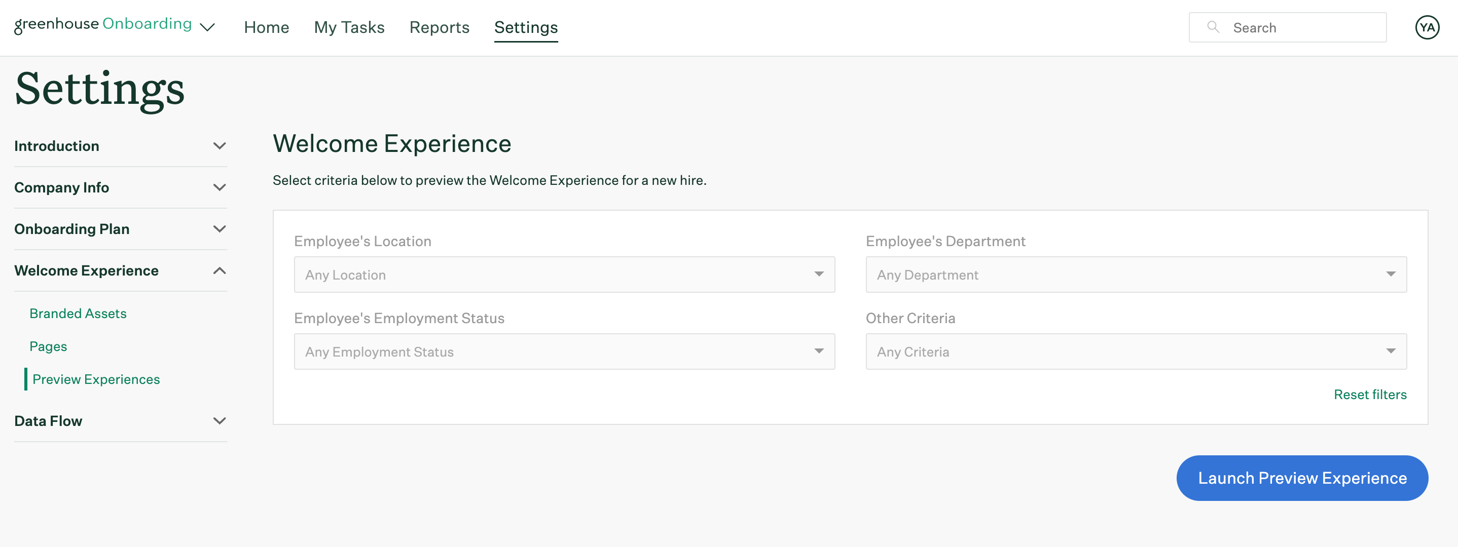 Welcome experience preview page in Greenhouse Onboarding Settings
