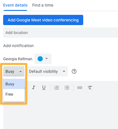 Google calendar event showing the busy or free dropdown menu