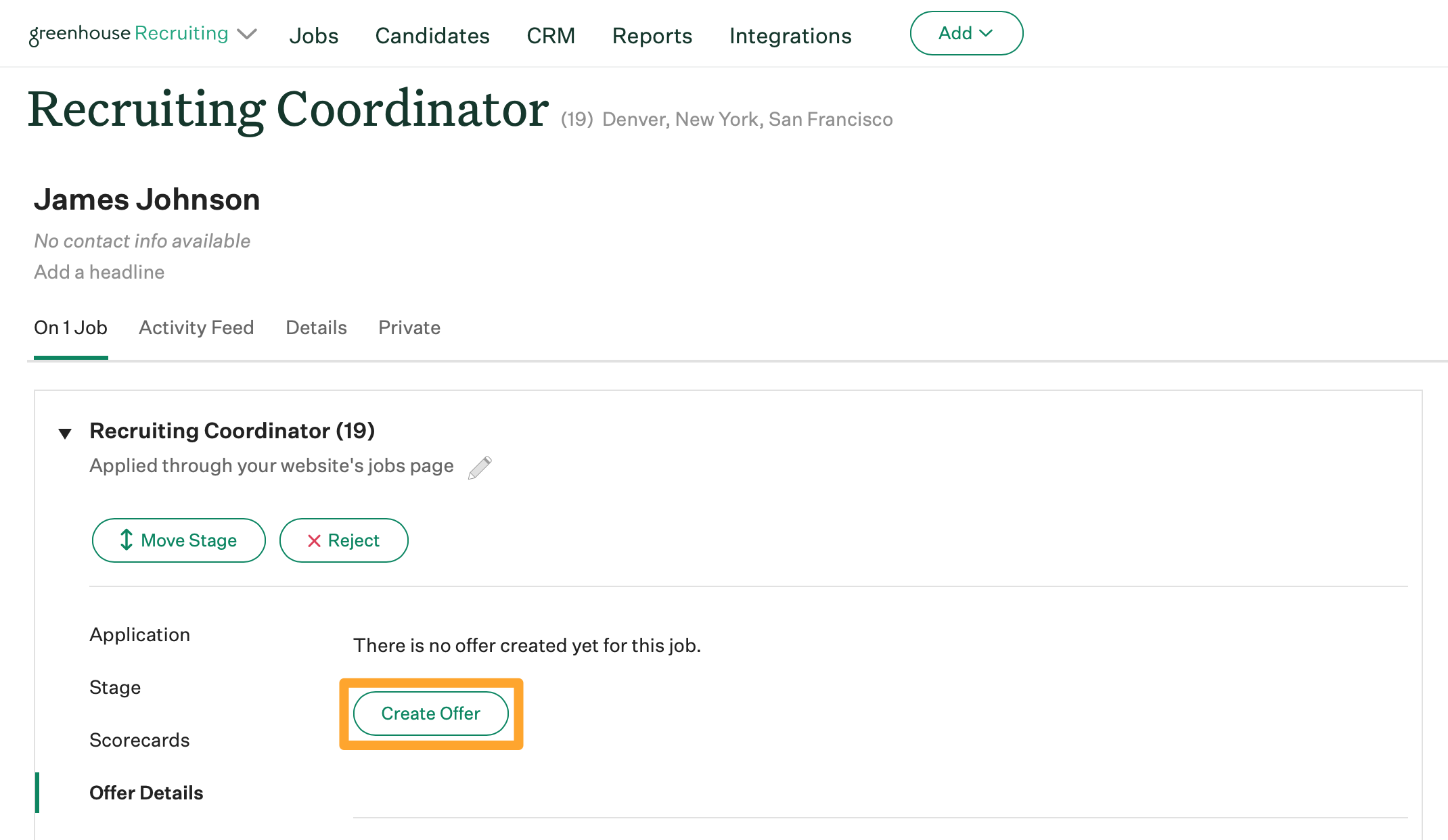An example candidate named James Johnson is shown on a job called Recruiting Coordinator, with the Create Offer button highlighted in marigold