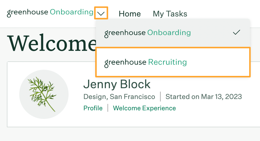 Employee homepage in Greenhouse Onboarding with dropdown arrow and navigation to Greenhouse Recruiting highlighted