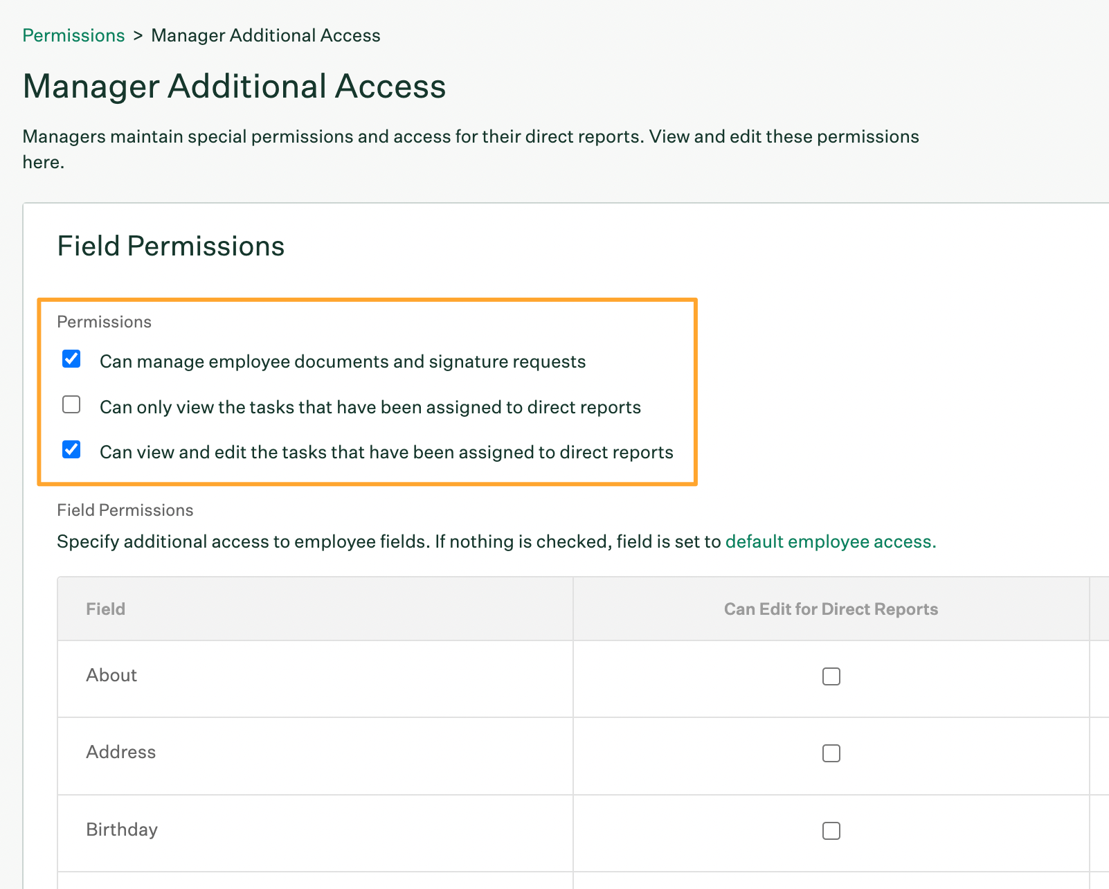Manager additional access settings page with administrative permission options highlighted