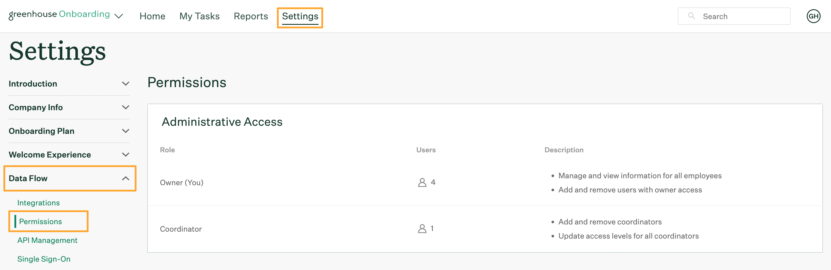 Greenhouse Onboarding Permissions page with Settings Data Flow and Permissions tabs highlighted to show navigation