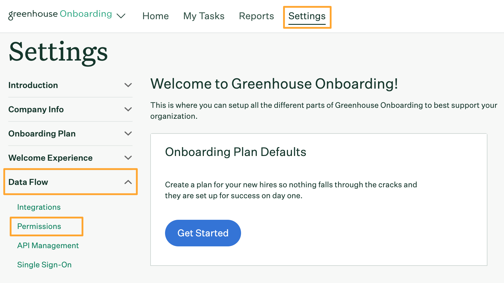 Settings page in Greenhouse Onboarding with Settings Data Flow and Permissions tabs highlighted