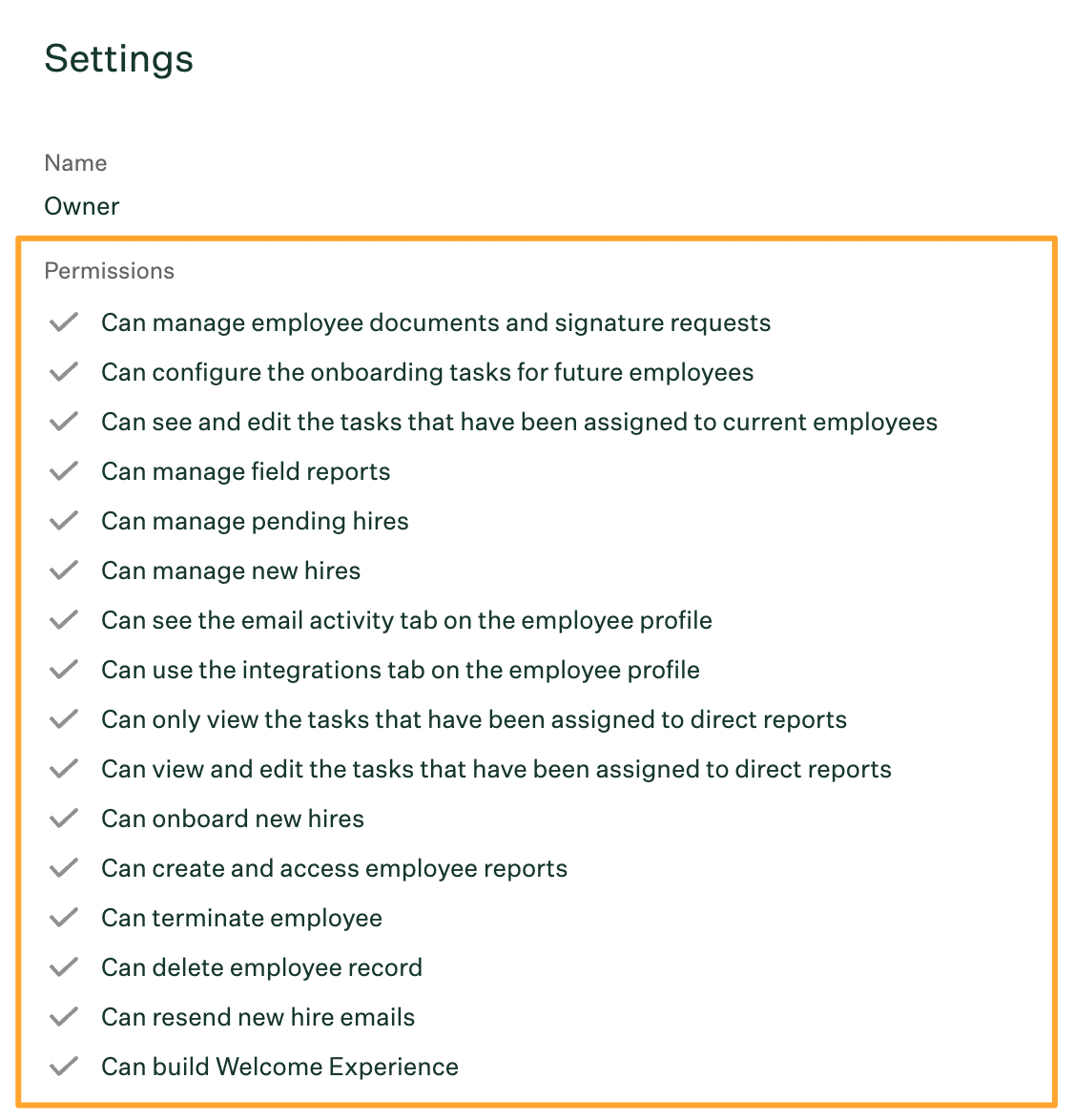 Owner role permissions list in Greenhouse Onboarding