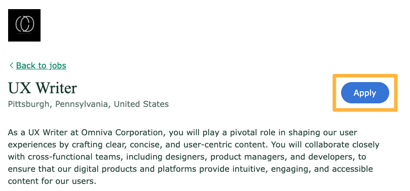 A job post for a UX writer position. An orange box highlights the Apply button.png