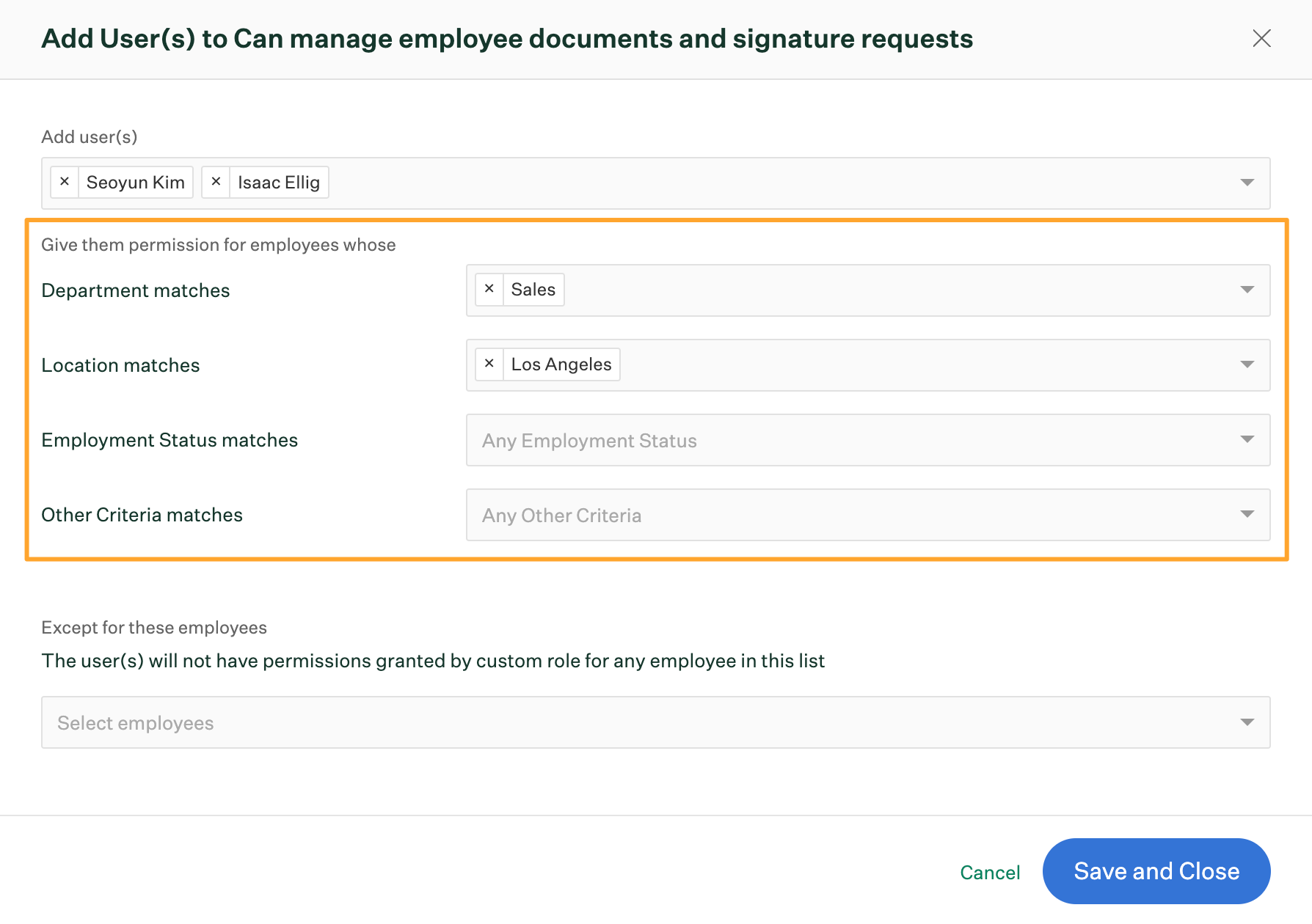 Add users to custom role window with department matches set to Sales and location matches set to Los Angeles and highlighted