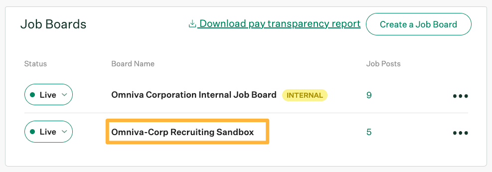 Job Boards section with an orange box highlighting the job board name
