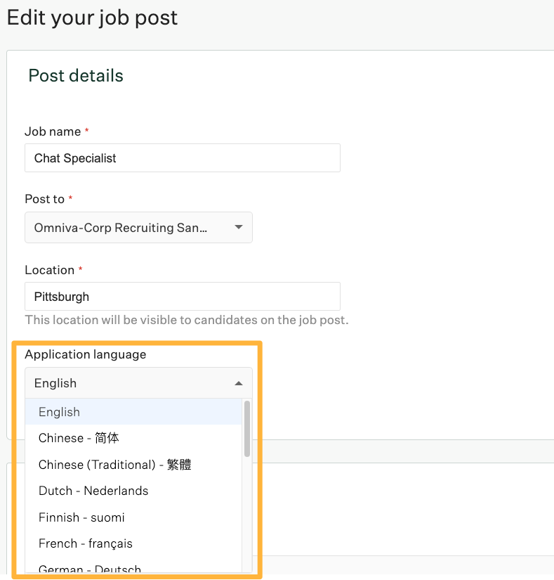 Edit your job post page with an orange box highlighting the Application language dropdown menu