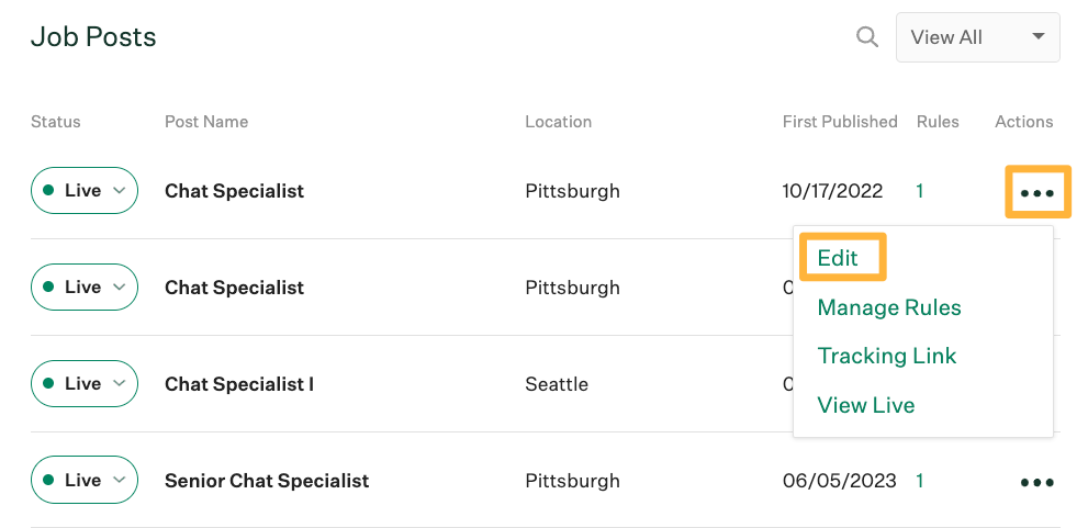 Job posts section with an orange box highlighting the three dot icon and the Edit link