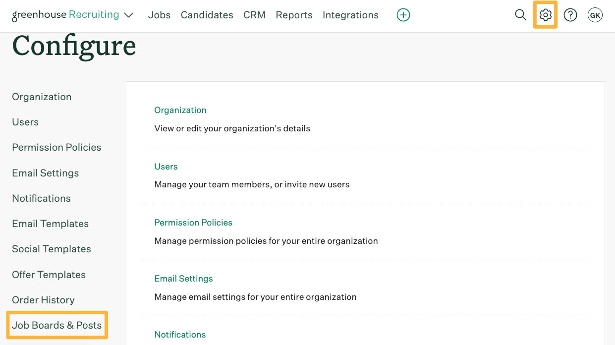 Configure page with orange boxes highlighting the gear icon and the Job Boards and Posts link on the left