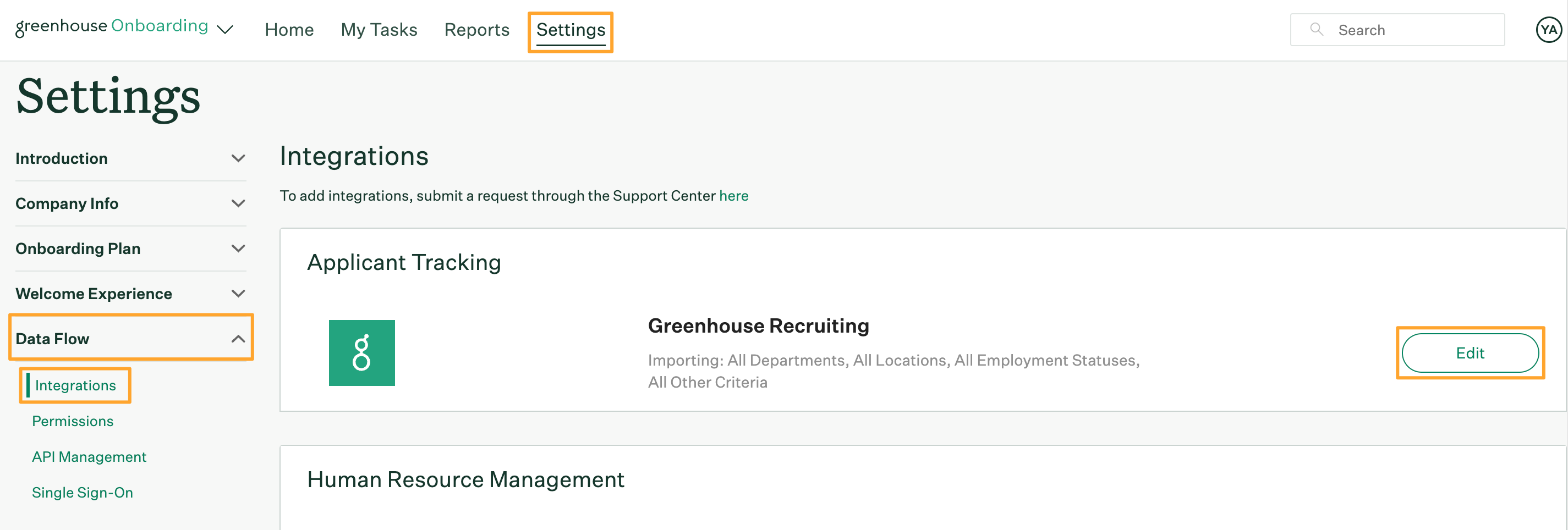 Greenhouse Onboarding Settings with Integrations page opened and Edit button for Greenhouse Recruiting integration highlighted