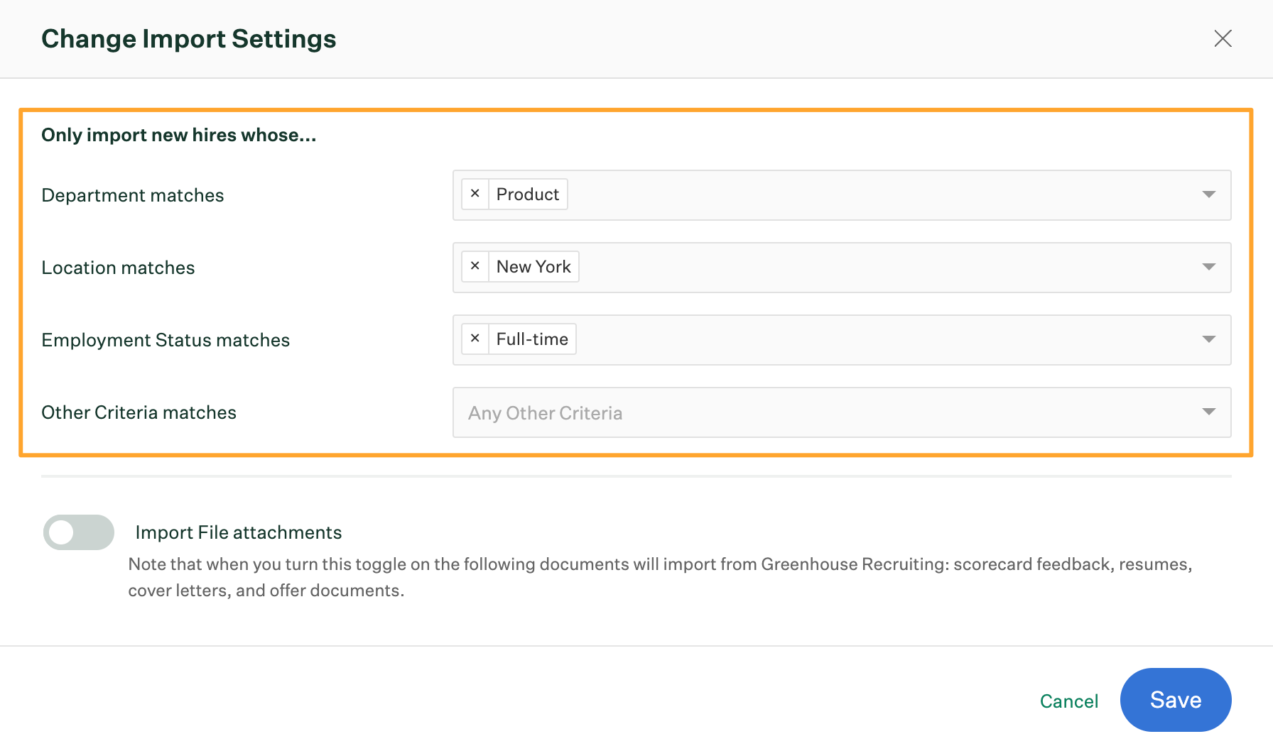 Change import settings window in Greenhouse Onboarding with new hire matches selected and highlighted