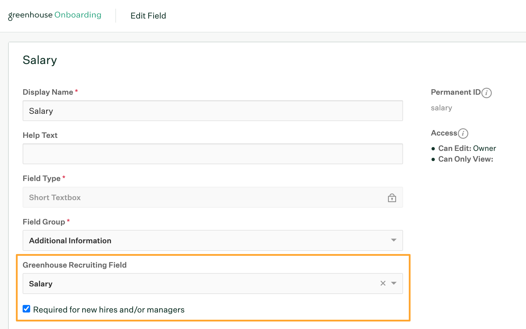 Edit field page in Greenhouse Onboarding Settings with Salary field mapped to Greenhouse Recruiting Salary field