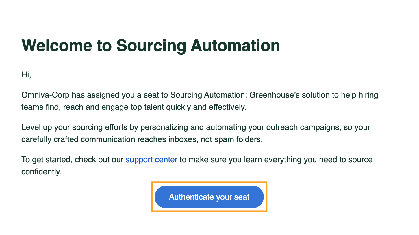 Sourcing Automation invitation email for newly invited user with Authenticate your seat button highlighted