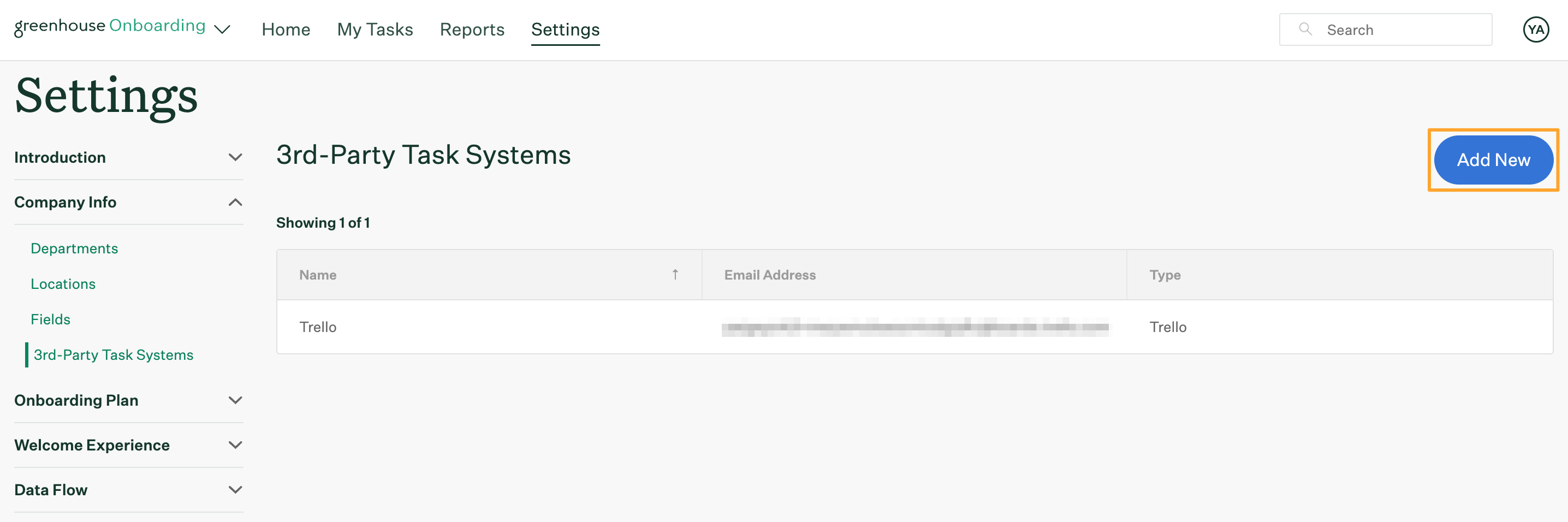 Add New button highlighted on 3rd Party Task Systems page in Greenhouse Onboarding Settings