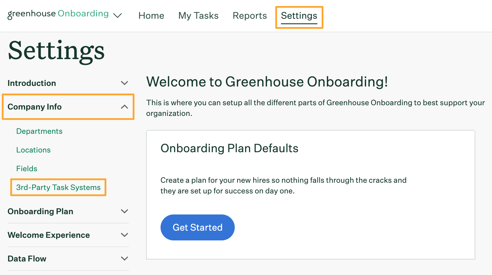 Settings page in Greenhouse Onboarding with Settings Company Info and 3rd Party Task Systems tabs highlighted