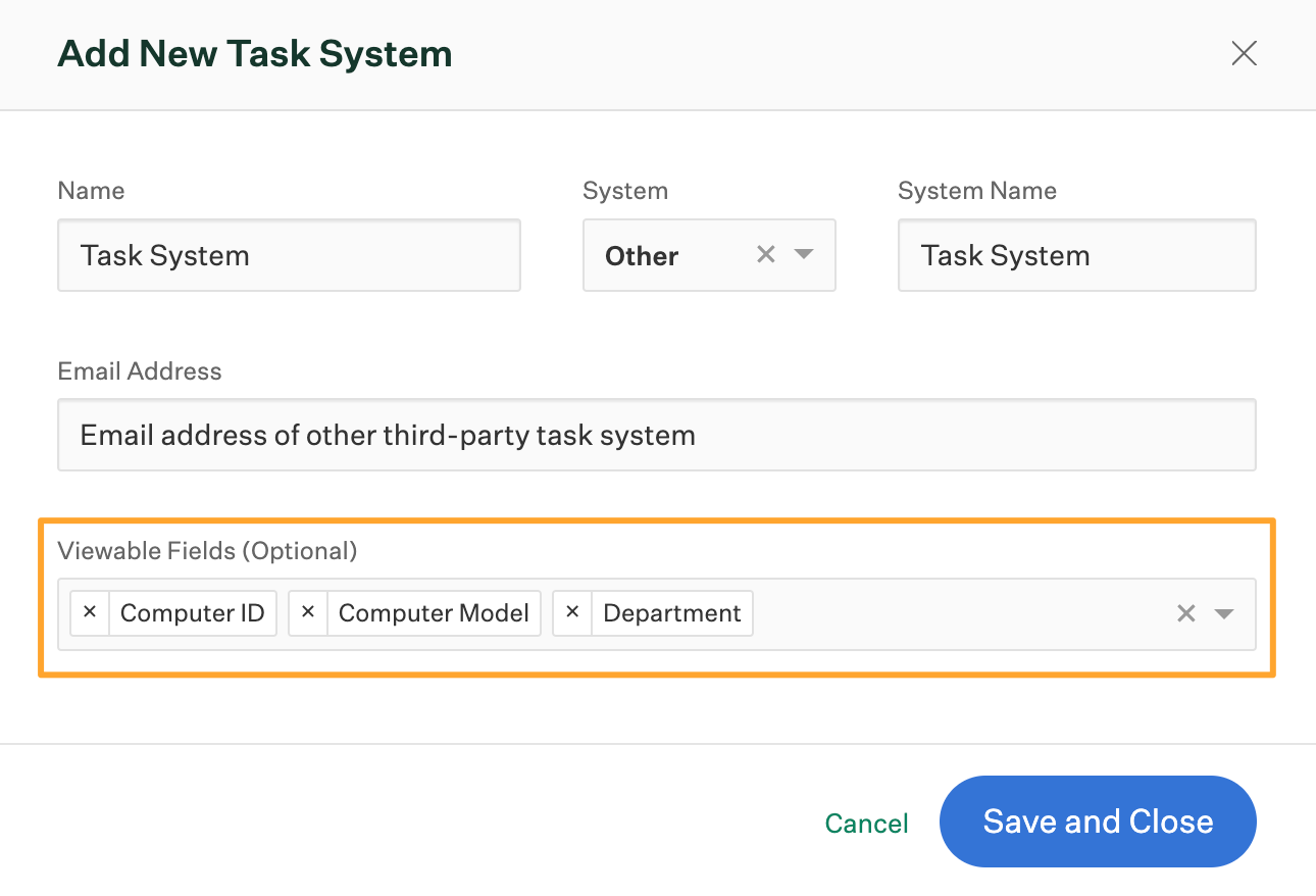 Viewable fields selected and highlighted in add new task system window in Greenhouse Onboarding