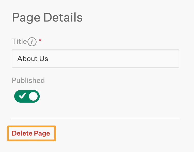Delete Page button highlighted in welcome experience Page Details section