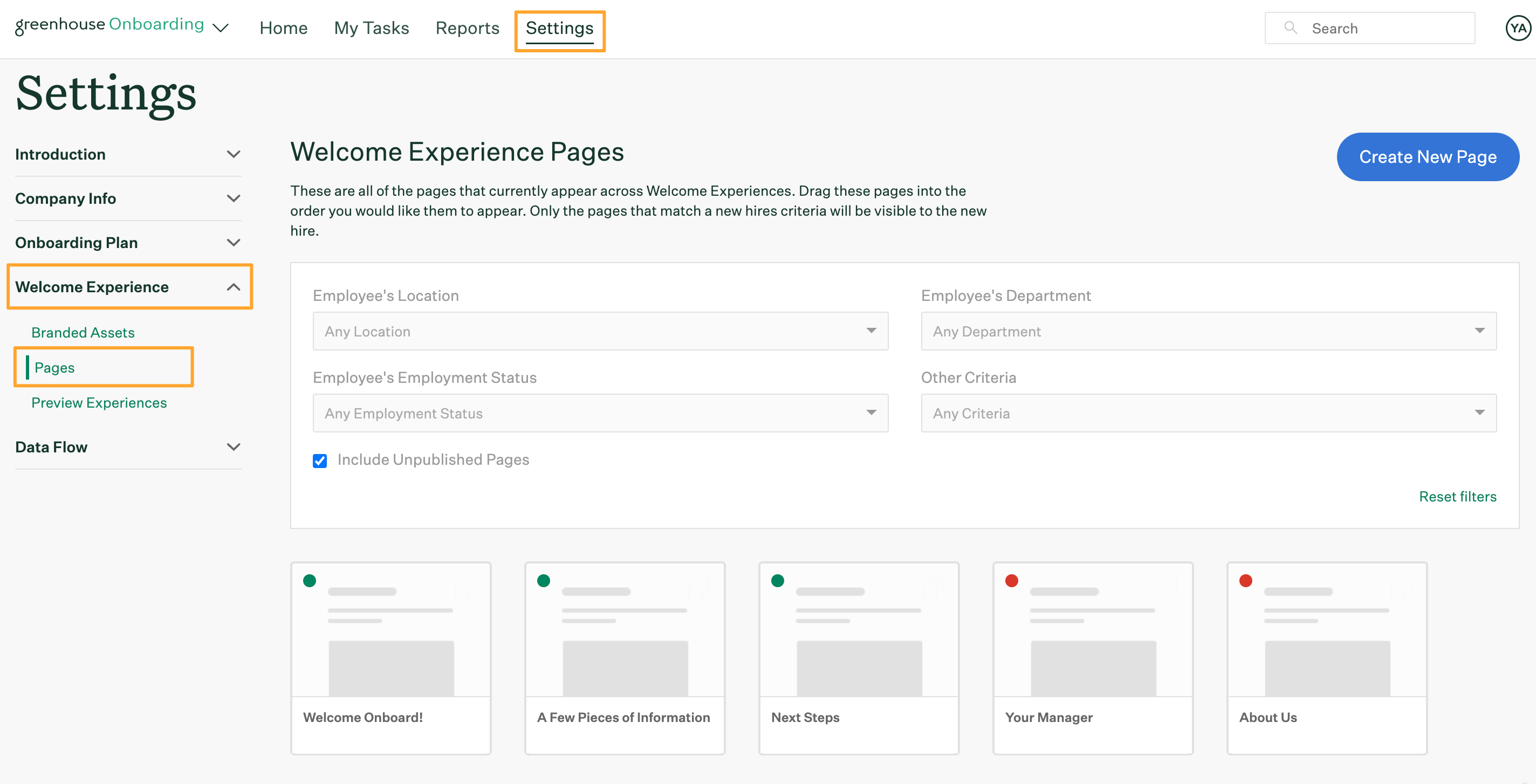 Welcome Experience pages tab in Greenhouse Onboarding Settings