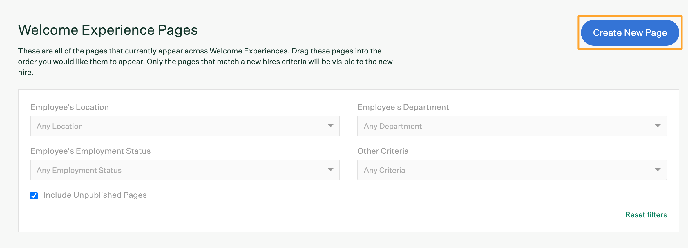 Create New Page button highlighted on the Welcome Experience Pages tab