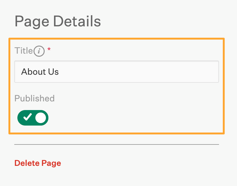 Welcome experience page details section with Title field filled out and page toggled to published