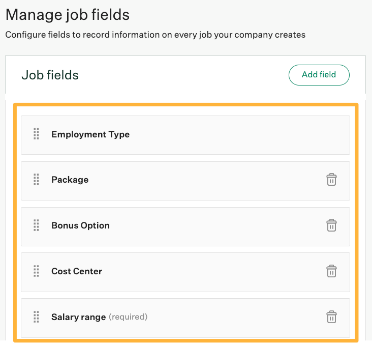 List of fields on the Manage job fields page