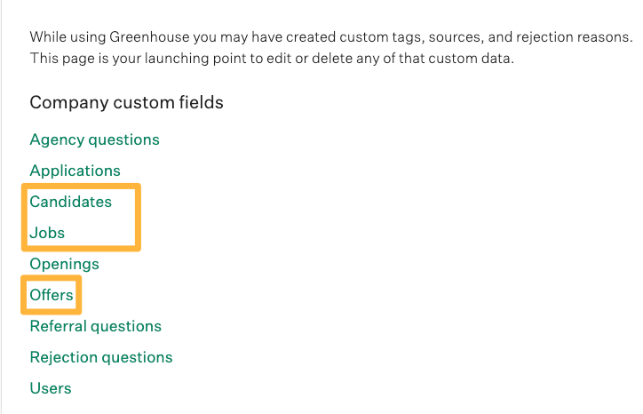 Company_custom fields section with an orange box around the links to Candidates Jobs and Offers