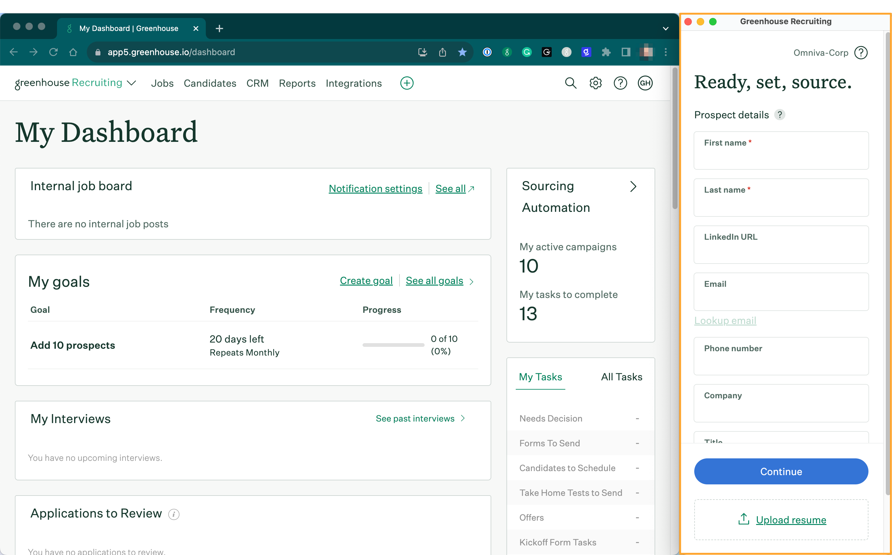 Greenhouse Recruiting dashboard with Chrome extension opened and highlighted