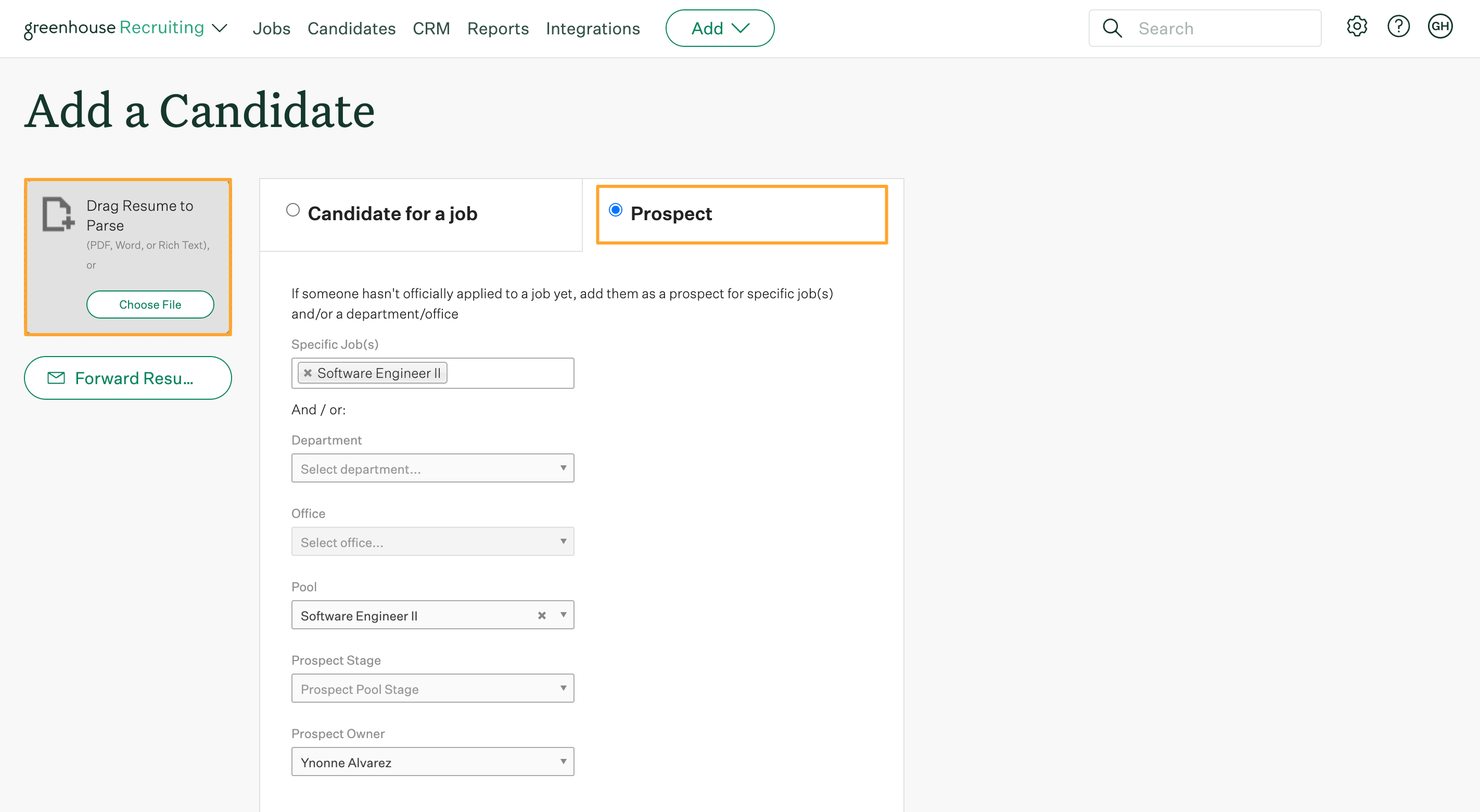 Add a Candidate page in Greenhouse Recruiting with Prospect tab and Software Engineer campaign pool selected