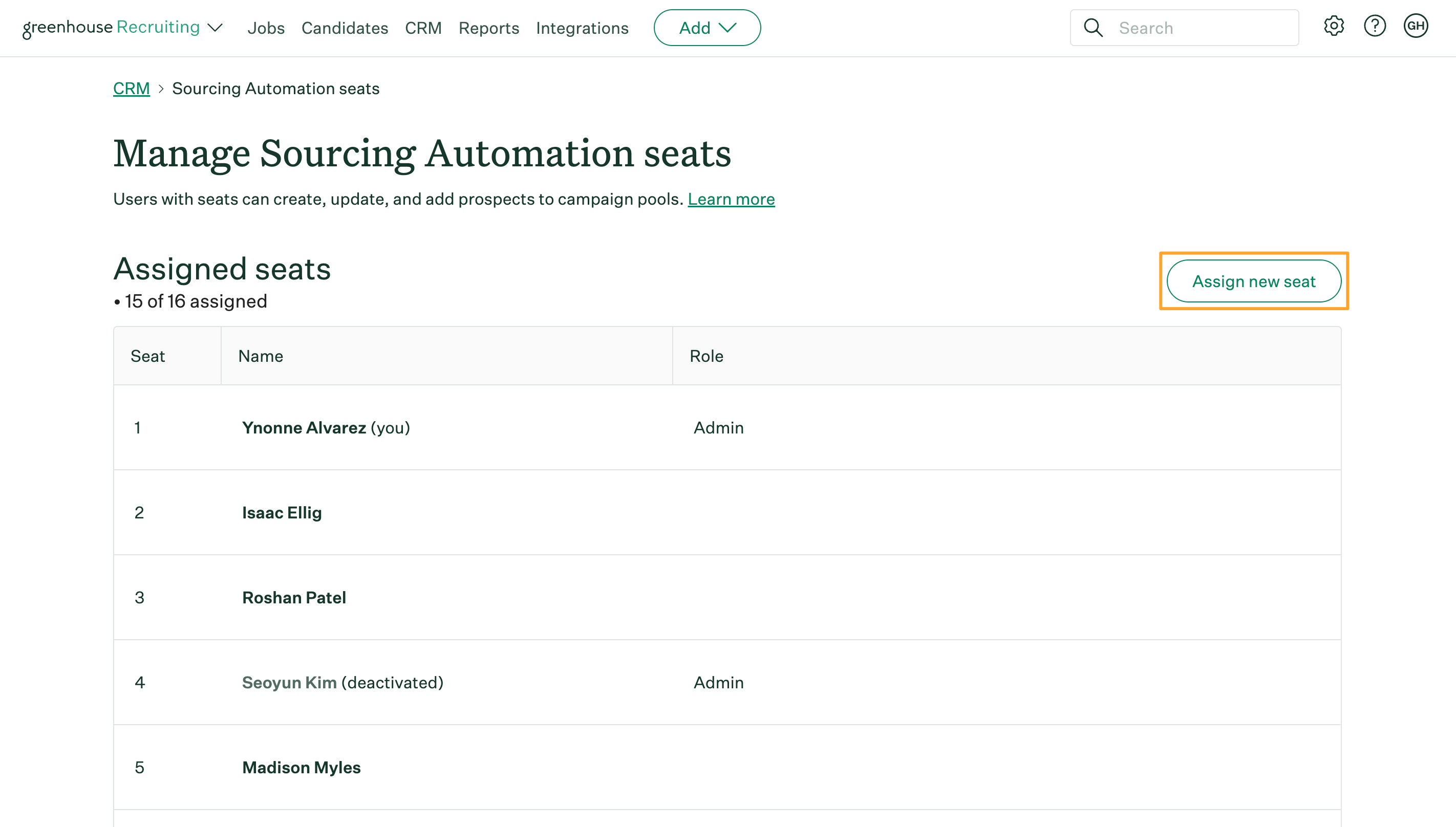 Manage Sourcing Automation seats page with Assign new seat button highlighted