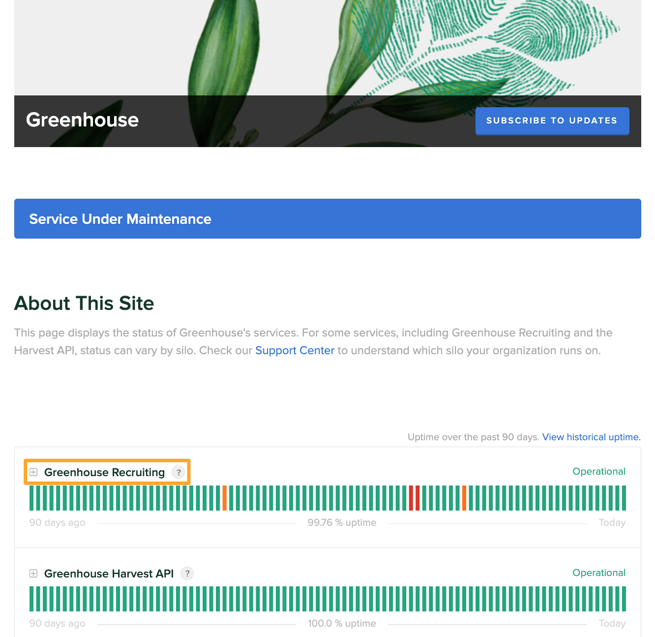 Greenhouse Recruiting is highlighted on the Greenhouse status page